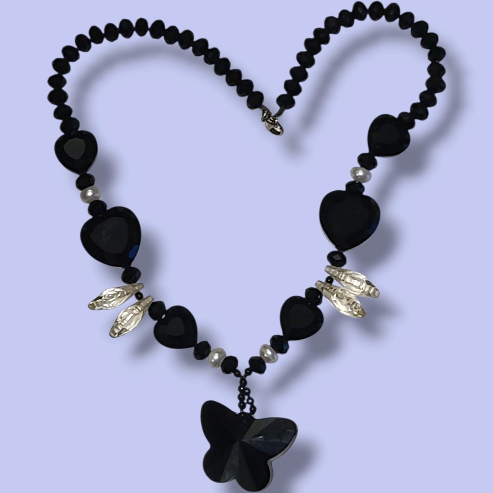 Vintage Black Faceted Crystal Hearts & Butterfly Pendant Necklace 18"
